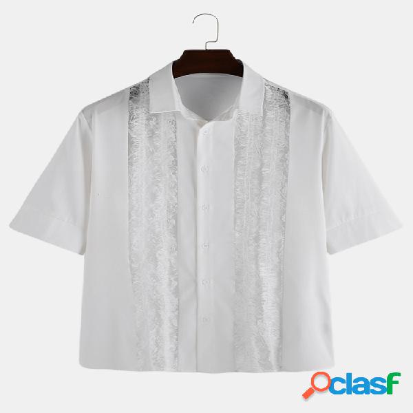 Mens Openwork Lace costura Mid-sleeved Slim Camisa