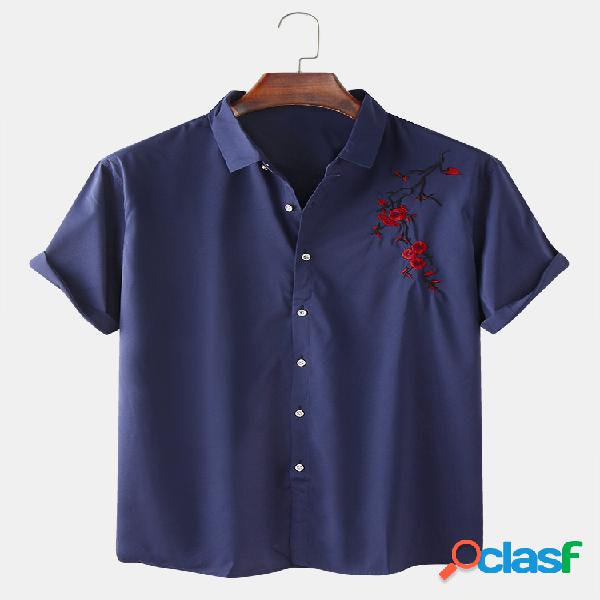Mens Oriental Plum Blossom Bordado Casual Manga curta Camisa