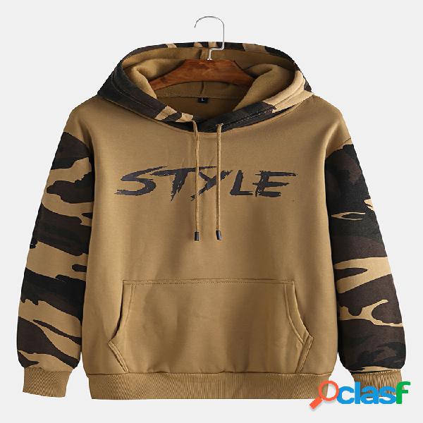 Mens Patchwork Camuflagem Estilo Muff Pockets Drawstring