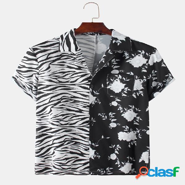Mens Patchwork Zebra Floral Impresso manga curta Camisa