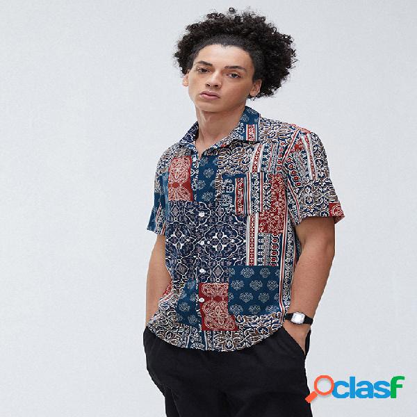Mens Patchwork étnico impresso manga curta Turn Down Collar