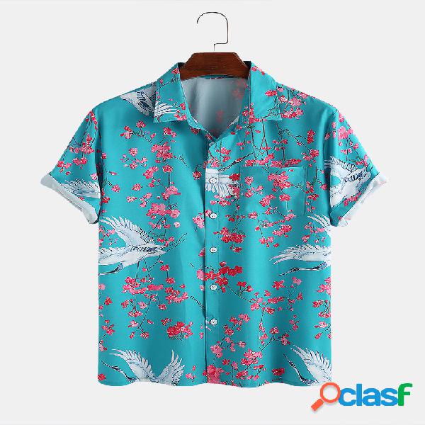 Mens Peach Blossoms & Crane Print Camisas de manga curta
