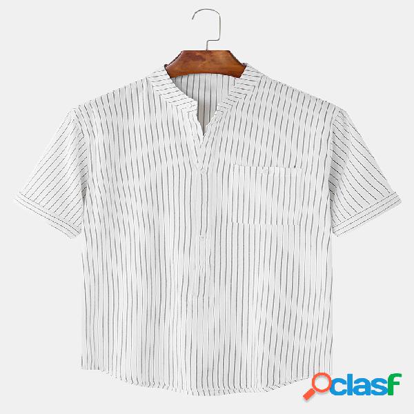 Mens Plain Stripe Collarless Camisas de manga curta