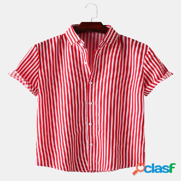 Mens Plain Stripe Turn Down Collar Camisas de manga curta