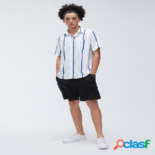 Mens Plain Striped Print Turn Down Collar Camisas de manga