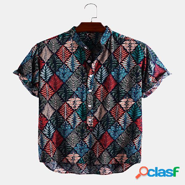 Mens Plant & Leaf Print Plaid Camisas de manga curta leves