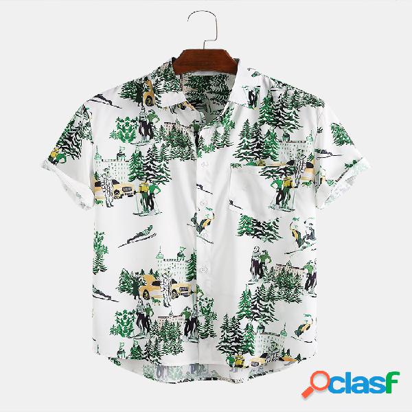 Mens Planta & Character Printed respirável manga curta