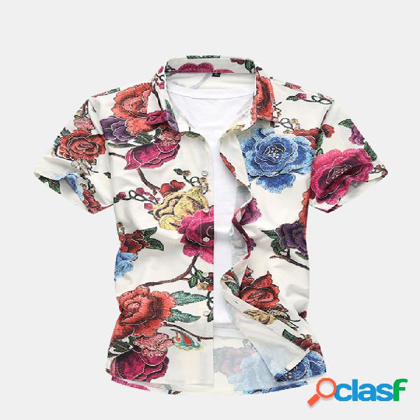 Mens Plus Tamanho Verão Solto Havaiano Camisa Rose
