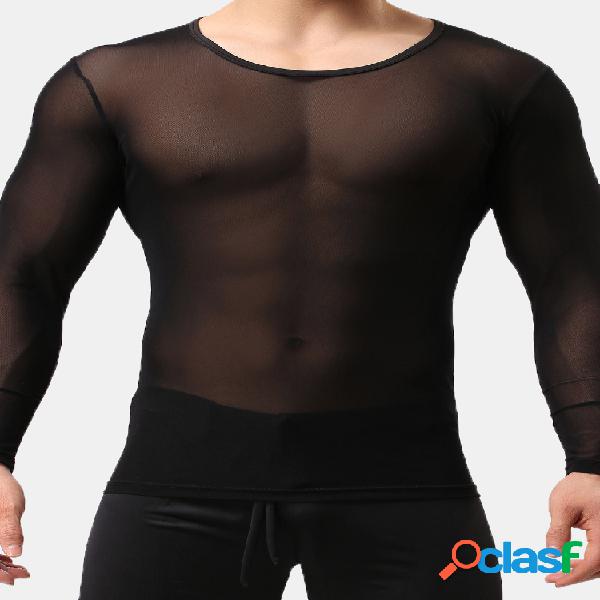Mens Preto Ultra Fino Ver Através da Camisola Líquida Seda
