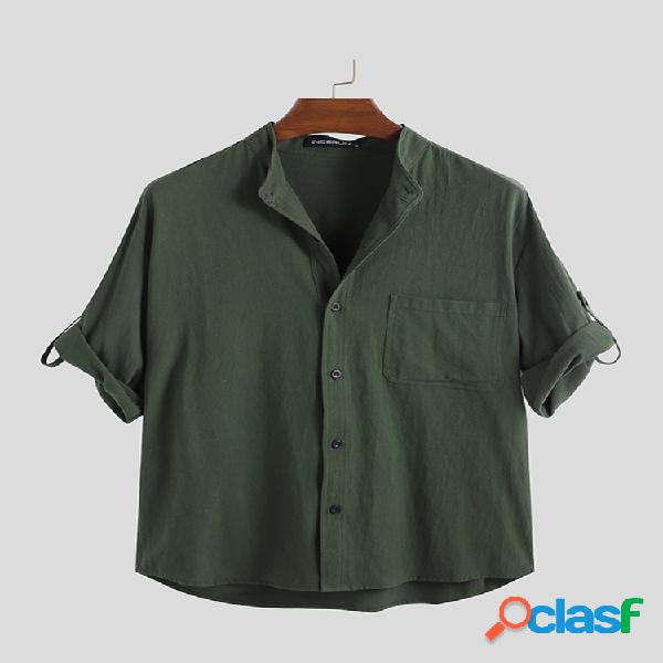 Mens Solid Color Chest Pocket Half Sleeve Stand Collar