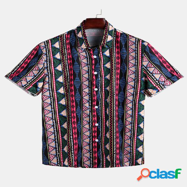 Mens Stripe Estilo étnico Impresso Colar Turndown Manga