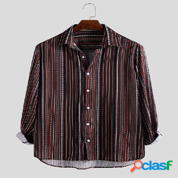 Mens Stripe Ethnic Printed Turn Down Collar Manga comprida