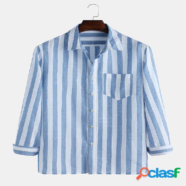 Mens Stripes manga comprida lapela no peito bolso Camisa