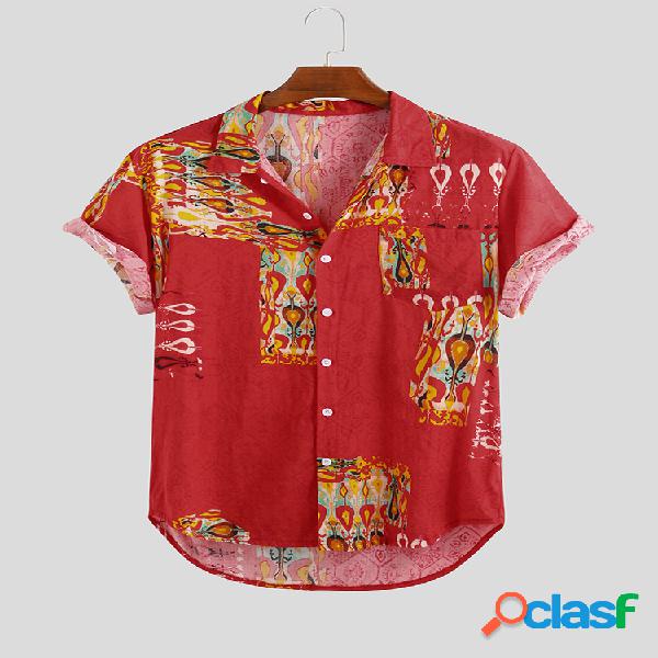 Mens Summer Ethnic Printed Pocket Pocket Turn Down Collar