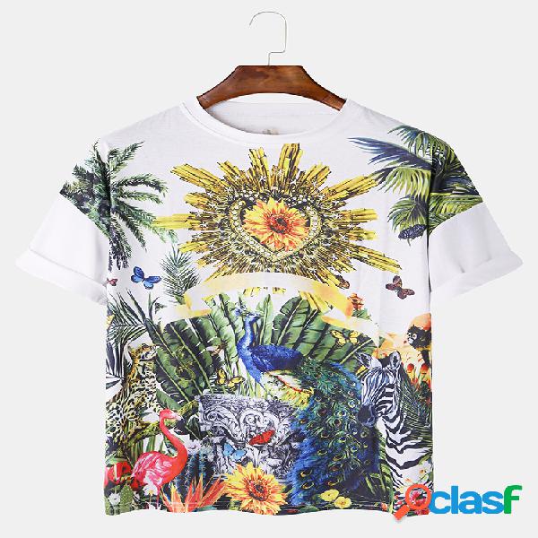 Mens Tropical Animal Planta Impresso Casual Round Neck