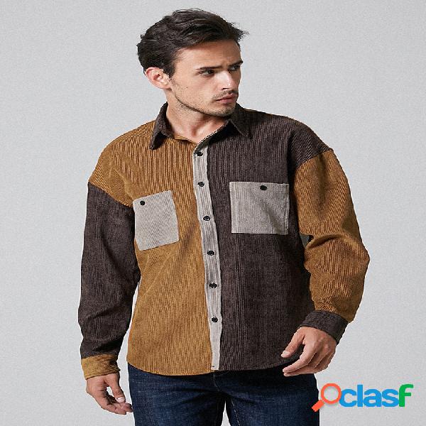 Mens Veludo de algodão Patchwork Turn Down Collar Camisas