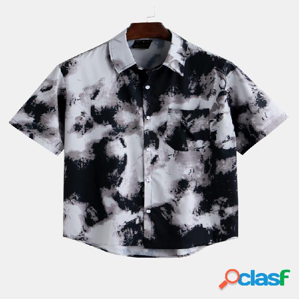 Mens Verão Splash-ink Printed Turn Down Collar Manga curta