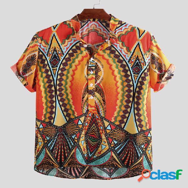 Mens Vintage Ethnic Ptinted Stand Collar Manga curta Loose