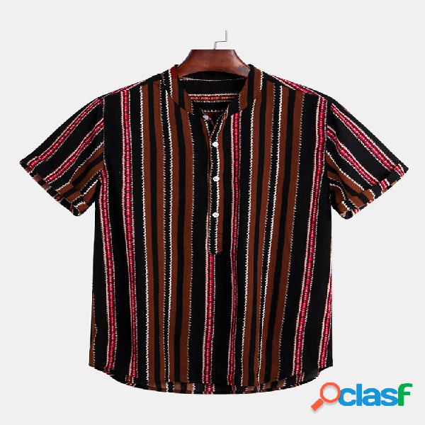 Mens Vintage Ethnic Stripe Printed Stand Collar Manga curta