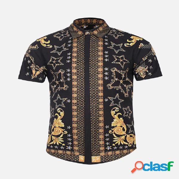 Mens Vintage Impresso Turn Down Collar manga curta Slim