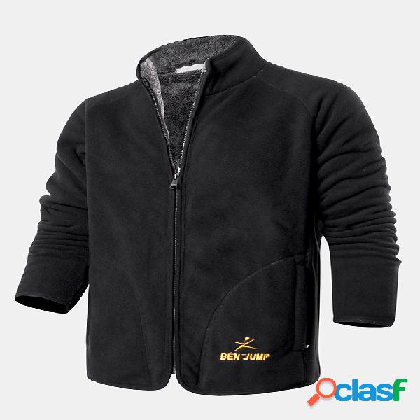 Mens carta casual bordado velo casaco de colarinho de manga