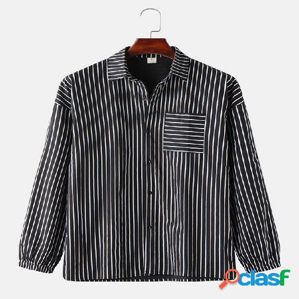 Mens casual listrado impresso peito bolso camisas de manga