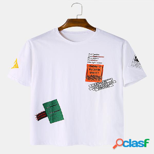Mens casual simples slogan t-shirt solta o pescoço