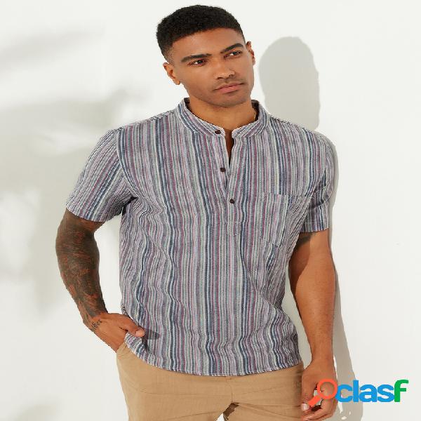 Mens casual slim listrado manga curta gola peito bolso