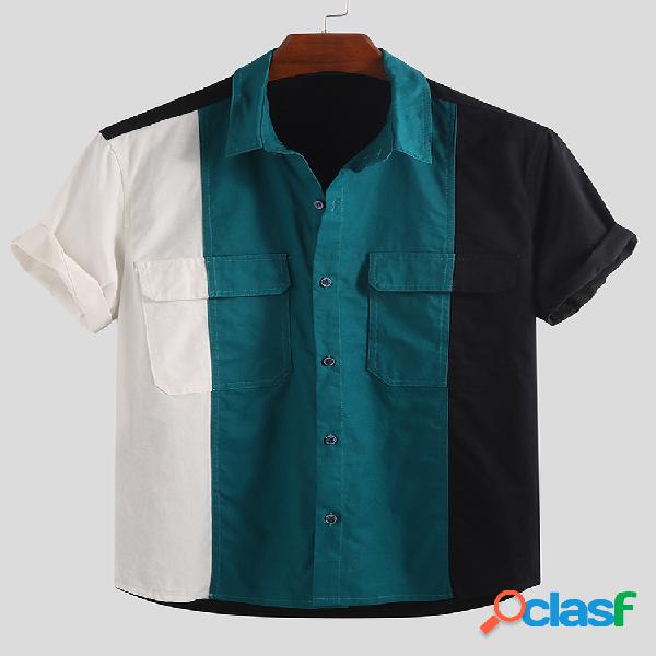 Mens engraçado contraste bolsos no peito cor gola para