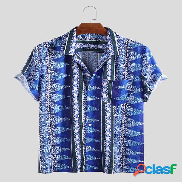 Mens estilo étnico impressão manga curta solta colar de