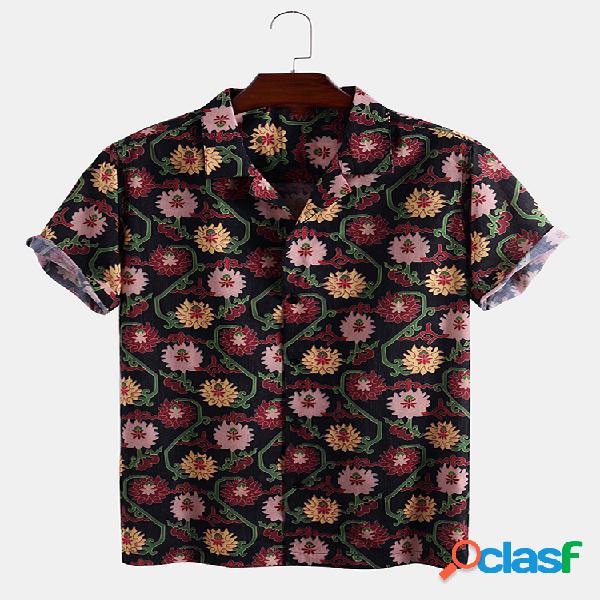 Mens floral étnico impressão manga curta camisas leves