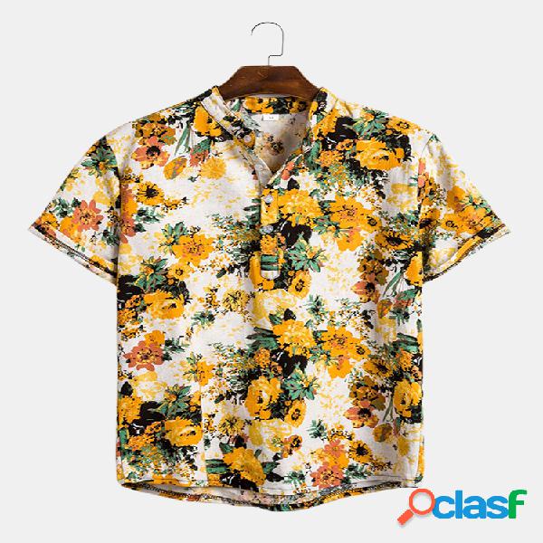 Mens férias estilo tropical floral impresso gola manga