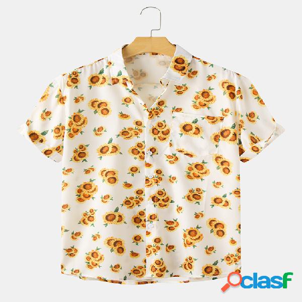 Mens girassol impressão bolsos no peito camisas de manga