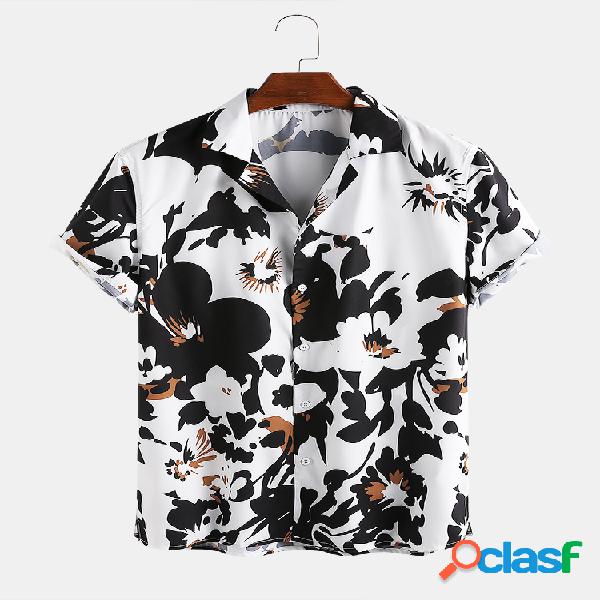 Mens moda floral impresso manga curta solta lapela colar