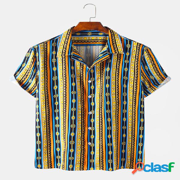 Mens étnico impresso listrado manga curta retro designer