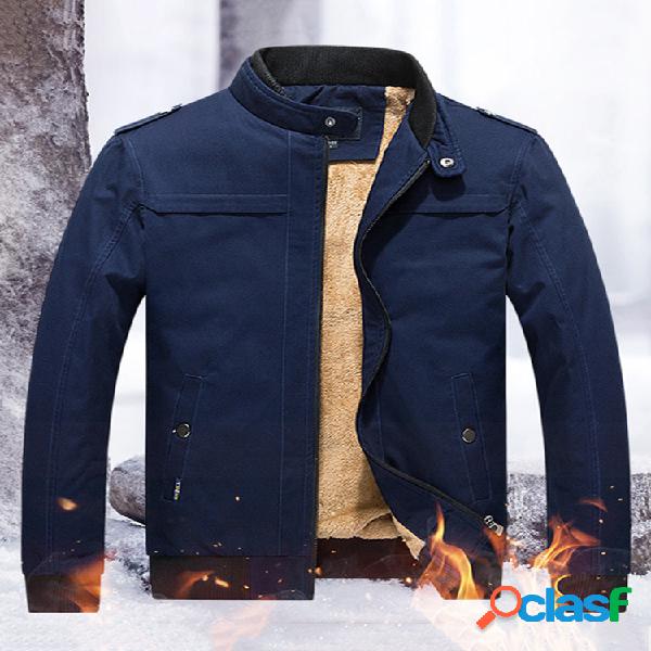 Mens velo inverno botão gola térmica grossa cor sólida