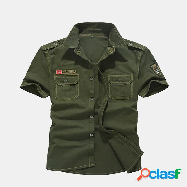 Moda Militar Design Bolso no peito Camisas de manga curta de