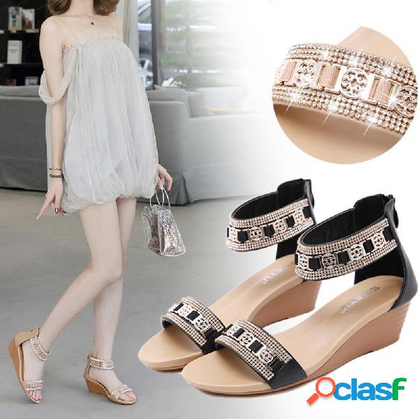 Mulheres Bohemia Soft Bling Rhinestone Patchwork Cunhas