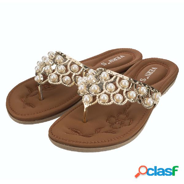 Mulheres Casuais Comfy Pearl Flip Flops chinelos
