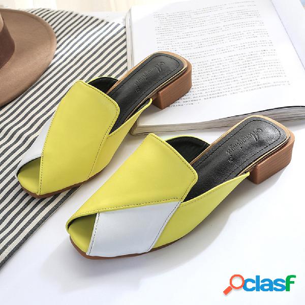 Mulheres Casual Mulas Sapatos Splicing Peep Toe Chunky Heel