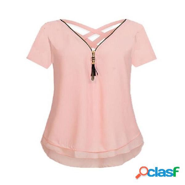 Mulheres Chiffon Zipper Criss Cross Voltar T-shirt