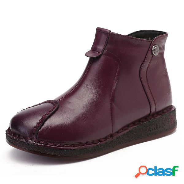 Mulheres Couro Genuíno Soft Costura Plush Warm Plush Flat