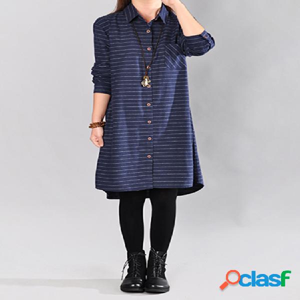 Mulheres Loose Striped manga comprida Turn-down Collar