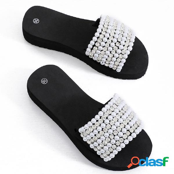 Mulheres Rhinestone Elastic Banda Soft Chinelos planas