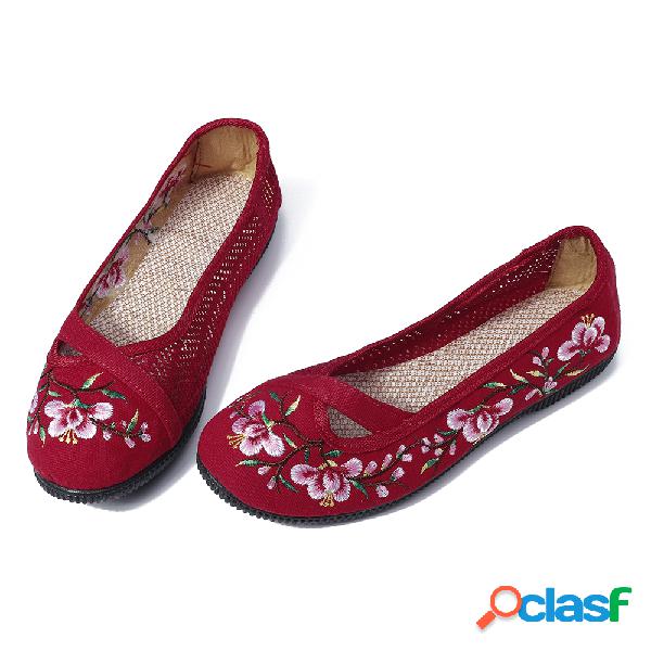 Mulheres Sapatos Bordados Respirável Malha Flats