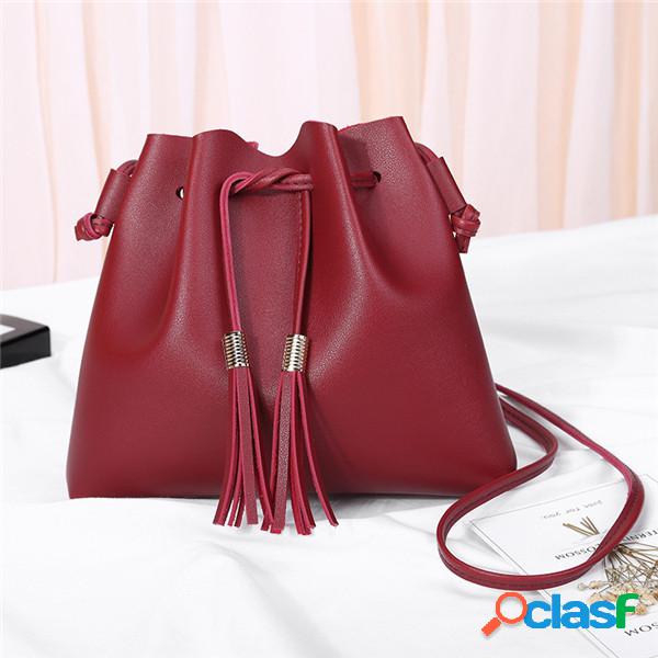 Mulheres String PU Leather Bucket Bags Solid Leisure