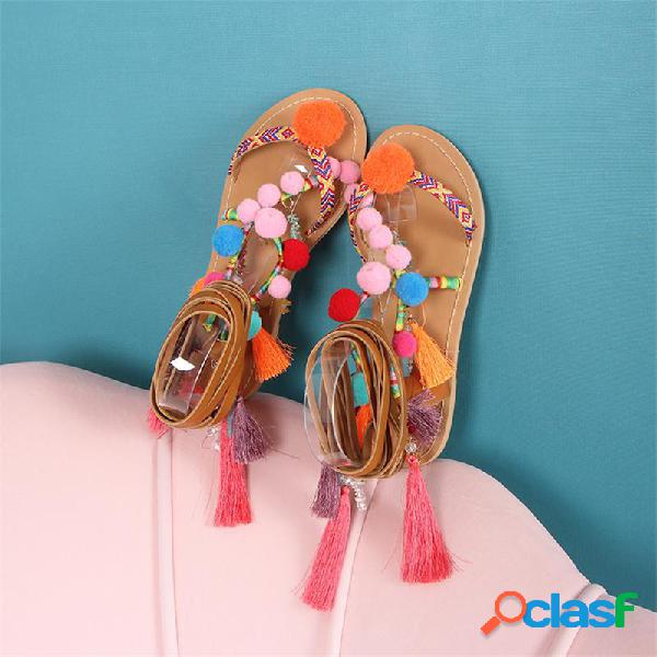 Mulheres Tassel Decor Tie Leg Colorful Pom Pom Decor