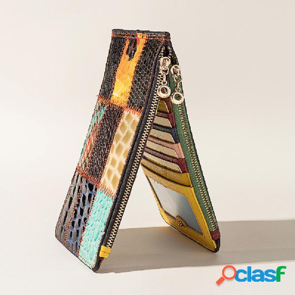 Mulheres Vintage Bifold Couro Genuíno Patchwork Longo