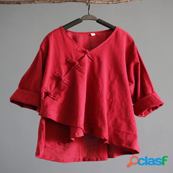 Mulheres Vintage Solid Color Irregular Buckle Shirts