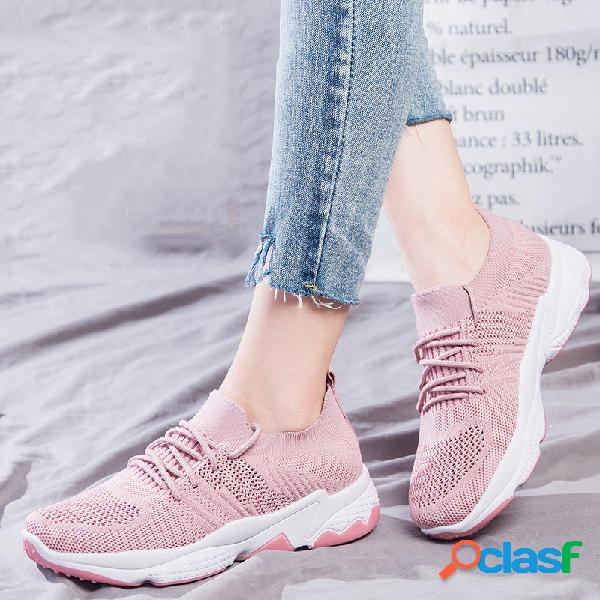 Mulheres cor sólida ata acima malha sapatos casuais